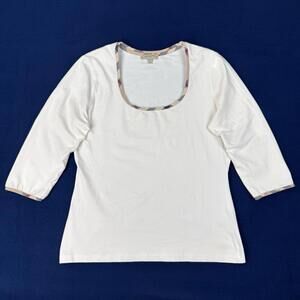Burberry London White Scoop Neck Top Nova Check Trim 3/4 Sleeve Size L Casual